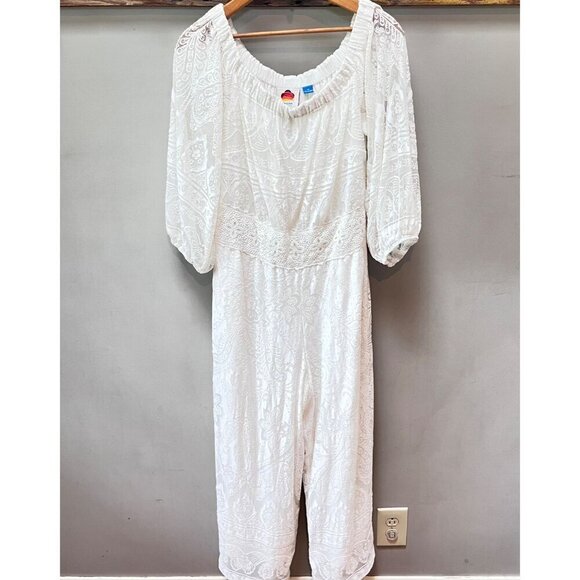 Farm Rio For Anthropologie White Lace Maxi Jumpsuit With Balloon‎ Sleeves Size M - Picture 1 of 9